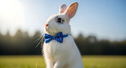 White rabbit with blue bowtie outdoors.