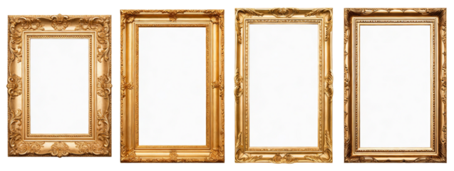 Four ornate golden picture frames with intricate designs, isolated on white background. Ideal for showcasing art or photography. Features antique/vintage aesthetic and decorative elements.