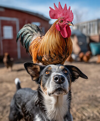 Rooster Standing on Dog&rsquo;s Head in Farmyard Showing Unusual Animal Interaction Outdoors