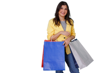 Happy woman holding colorful shopping bags after successful retail therapy, enjoying fashion lifestyle, transparent background