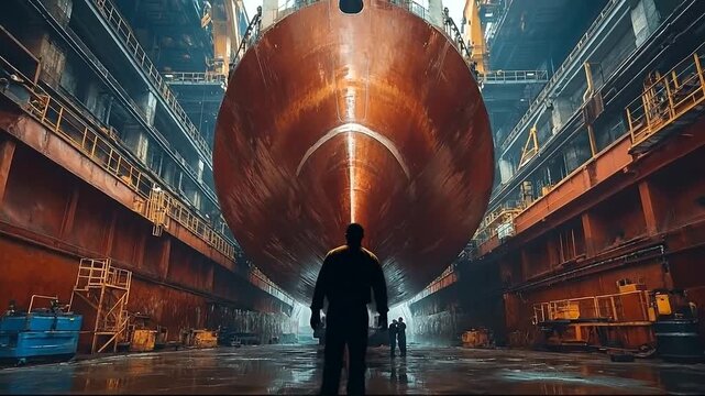 Ship construction in a large industrial dockyard