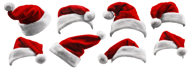 Illustration of multiple red Santa hats with white trim and pom poms, ideal for Christmas and holiday themes. Various angles and positions show detailed festive headwear.