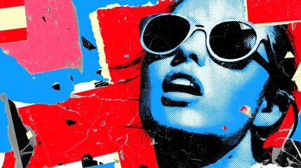 Vibrant pop art portrait of a woman wearing sunglasses with colorful torn paper and halftone effects © Knot_Vain