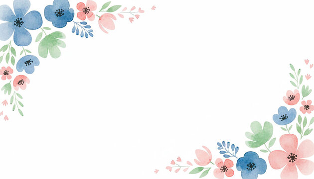 手描き風の青とピンクの小花フレーム　白背景の清潔感あるメッセージカード素材