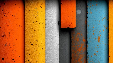 Abstract architectural detail featuring vertical textured concrete slabs in orange yellow blue and grey