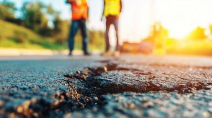 Workers assess road damage during repair work in the daylight