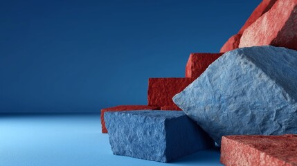 Minimalist arrangement of red and blue stone blocks stacked like stairs with a textured matte finish
