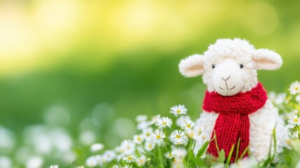 Soft toy sheep stands in a meadow filled with white flowers on a sunny day