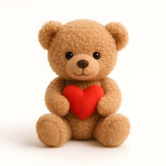 Fototapeta premium Cute fluffy brown teddy bear sitting and holding a bright red heart for valentine's day gift concept