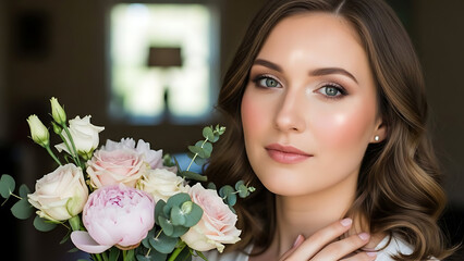 Young Woman Holding Bouquet Flowers Portrait.