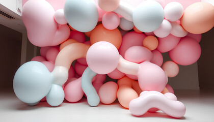 Organic balloon forms merging and morphing in surreal 3D composition, pastel tones and glossy material, modern installation art feel
