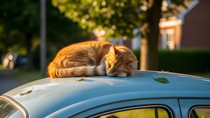 Urban Street Cat Sleeping on Vehicle in Public Space