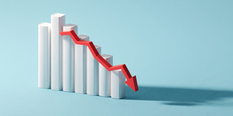 A 3D bar chart with a downward trend line.
