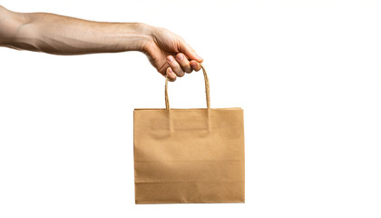 Hand holding brown paper shopping bag on white background