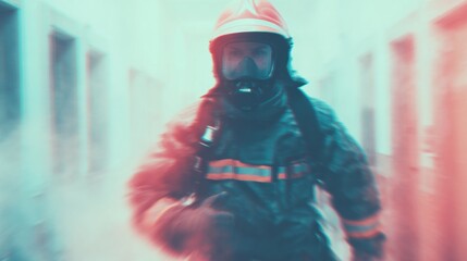 Firefighter runs through smoke-filled hallway during emergency response