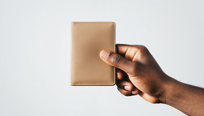 Hand holding a tan leather wallet on a white background