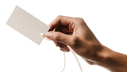Hand holding blank tag with string on white background