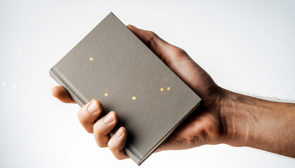 Close up of hands holding a gray notebook with gold dots