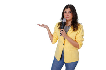 Woman presenter holding microphone and gesturing, hosting a presentation or interview with copy...
