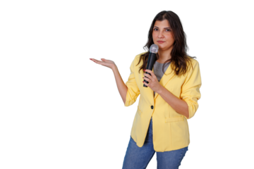 Woman presenter holding microphone and gesturing, hosting a presentation or interview with copy space, transparent background