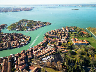 Murano Island in Venice, aerial view from a drone, Italy