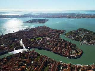 Murano Island in Venice, aerial view from a drone, Italy
