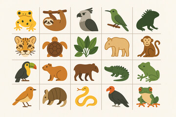 Obraz premium Panama wildlife vector icons with golden frog sloth harpy eagle hummingbird iguana ocelot turtle tapir monkey and rainforest leaves