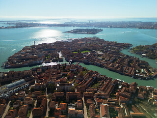 Murano Island in Venice, aerial view from a drone, Italy