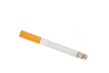 Close-up image of a lit cigarette with visible ash and smoke, isolated on white background. Represents smoking, tobacco use, and associated health risks.