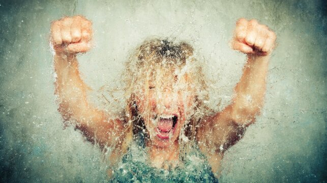 Child playing with water and shouting in excitement during summer fun