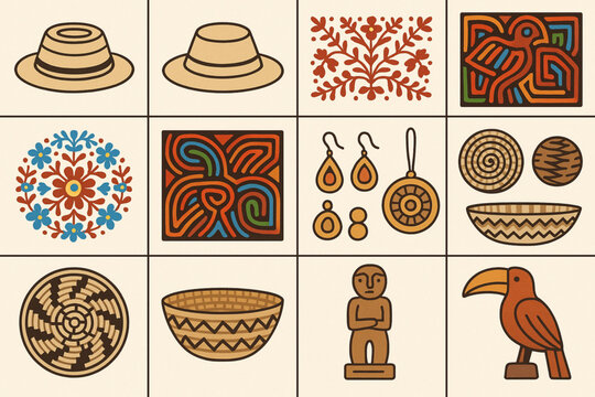 Panama crafts vector icons with montuno hats pollera embroidery mola textiles jewelry baskets and carvings
