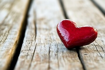 Red Heart Decoration on Wooden Surface Symbolizing Love and Affection in Rustic Setting