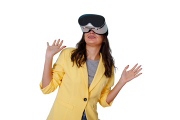 Woman wearing vr headset, extending hands, exploring virtual augmented reality spaces, transparent background
