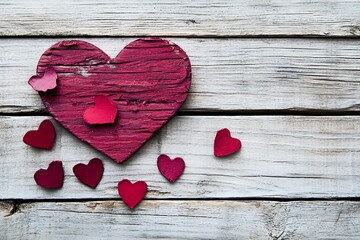 Rustic Red Heart Decoration on Wooden Surface with Smaller Hearts Surrounding It