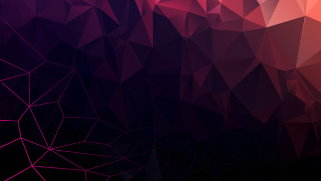 Abstract dark magenta and red low poly geometric background with triangular mesh and crystal shapes. Modern futuristic polygonal wallpaper for tech and creative design.