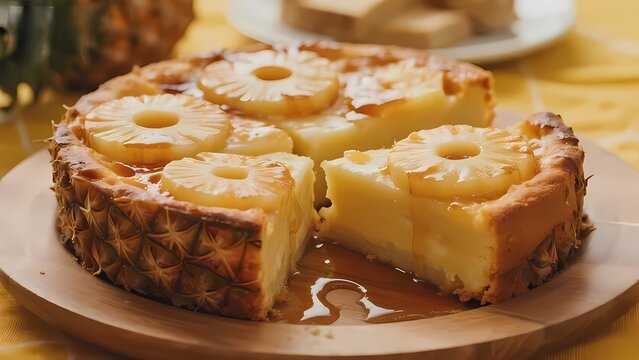 Pineapple upside-down cake with caramelized rings and golden crust, served on a wooden plate
