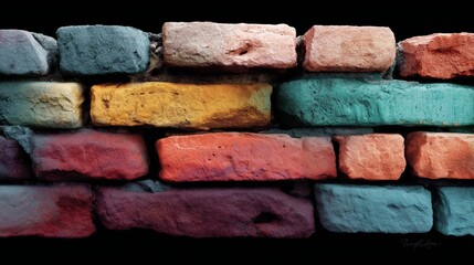 Weathered masonry wall features aged bricks painted in various vibrant colors