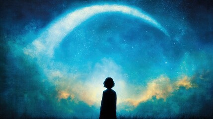 Fototapeta premium Person looks at the night sky with a comet over a calm landscape