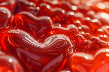 Glowing Red Hearts in a Shiny Background Reflecting Light and Creating a Romantic Atmosphere