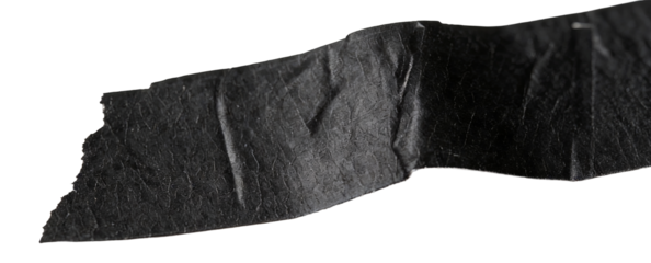 Close-up of a torn black adhesive tape strip, showing rough, textured surface and frayed edges. Highlighted details of the material and damage.