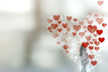Woman Silhouette Surrounded by Floating Red Hearts and Soft Focus Background