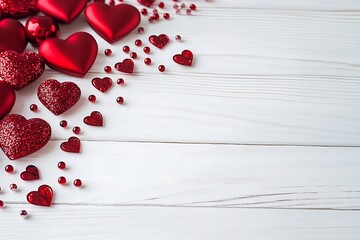 Colorful red hearts and shiny beads on rustic wooden surface for love and romance themes