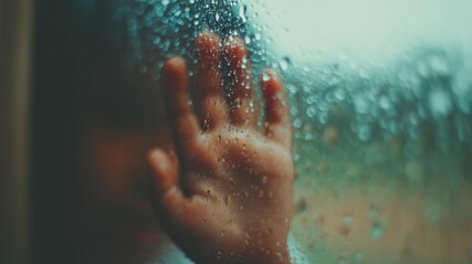 Child looks through rainy window while touching glass with hand