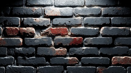 Weathered charcoal brick wall with red highlights and dramatic overhead spotlighting