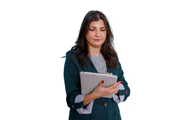 Naklejka premium Woman working with a digital tablet, managing business tasks, using modern technology for professional communication