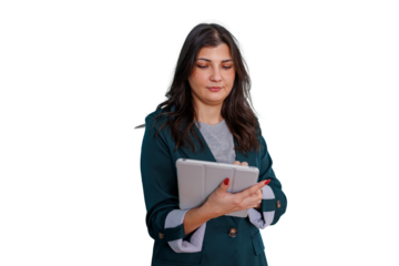 Woman working with a digital tablet, managing business tasks, using modern technology for professional communication