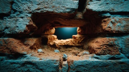 A rectangular opening in an old brick wall reveals a bright blue light glowing from within