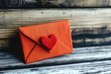 Orange Envelope with Red Heart on Wooden Background, Perfect for Love Letters or Messages