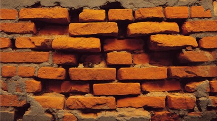 A weathered red brick wall with crumbling mortar and missing bricks showing architectural decay