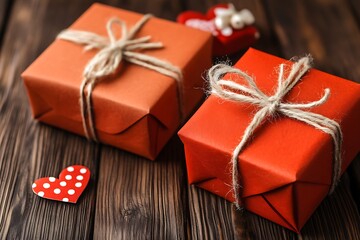 Festive Orange Gift Boxes on Wooden Table with Red Hearts for Special Occasions